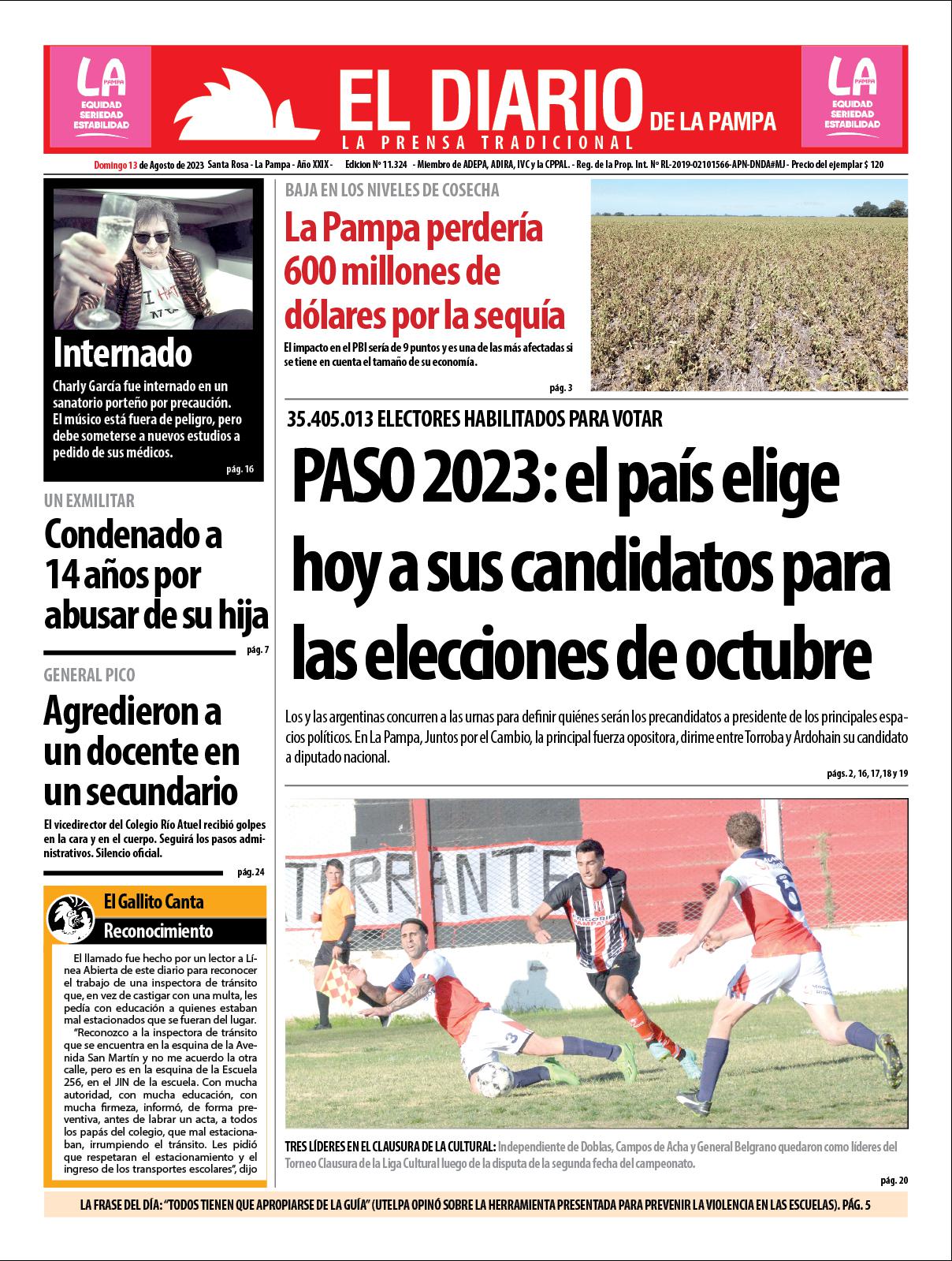 Tapa de El Diario en papel  domingo 13 de agosto de 2023